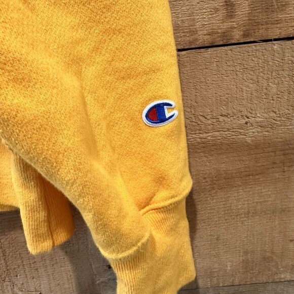 Champion Crew Neck Reverse Weave Sweatshirt Big Spell Out Velvet Logo M GOLD - Picture 8 of 9